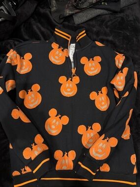 Disney Adults Halloween Quarter-Zip Sweatshirt with Orange Pumpkin Mickey Print